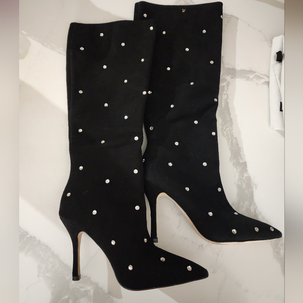 Larroude Crystal Embellished Pointed Toe Knee High Boot (Women) Size 7 - Picture 5 of 7
